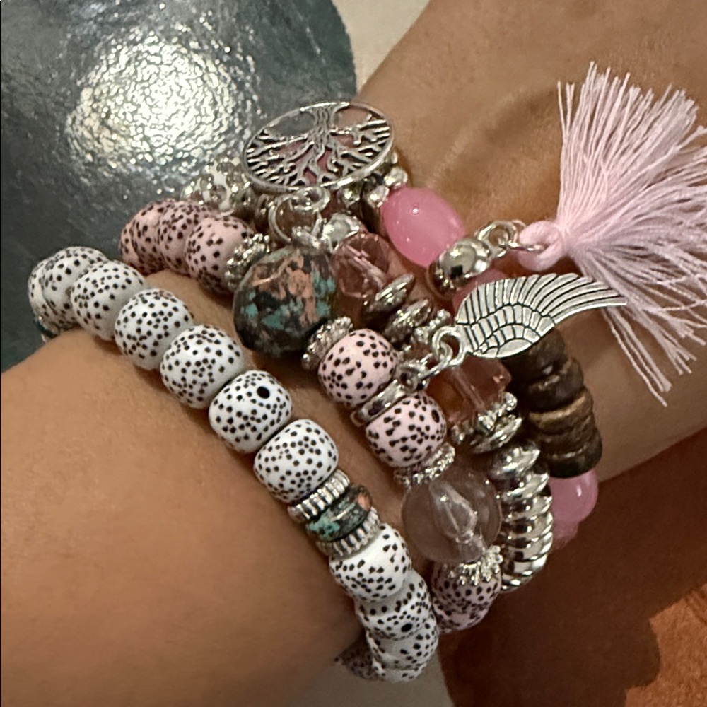 SOLD Pink and Silver Beaded Bracelet Set